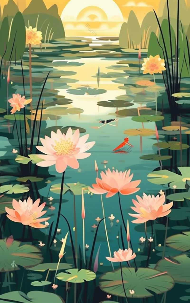绿色小清新风格池塘里荷叶荷花背景,插画/手绘图,插画/手绘图库,插画/手绘图下载,插画/手绘